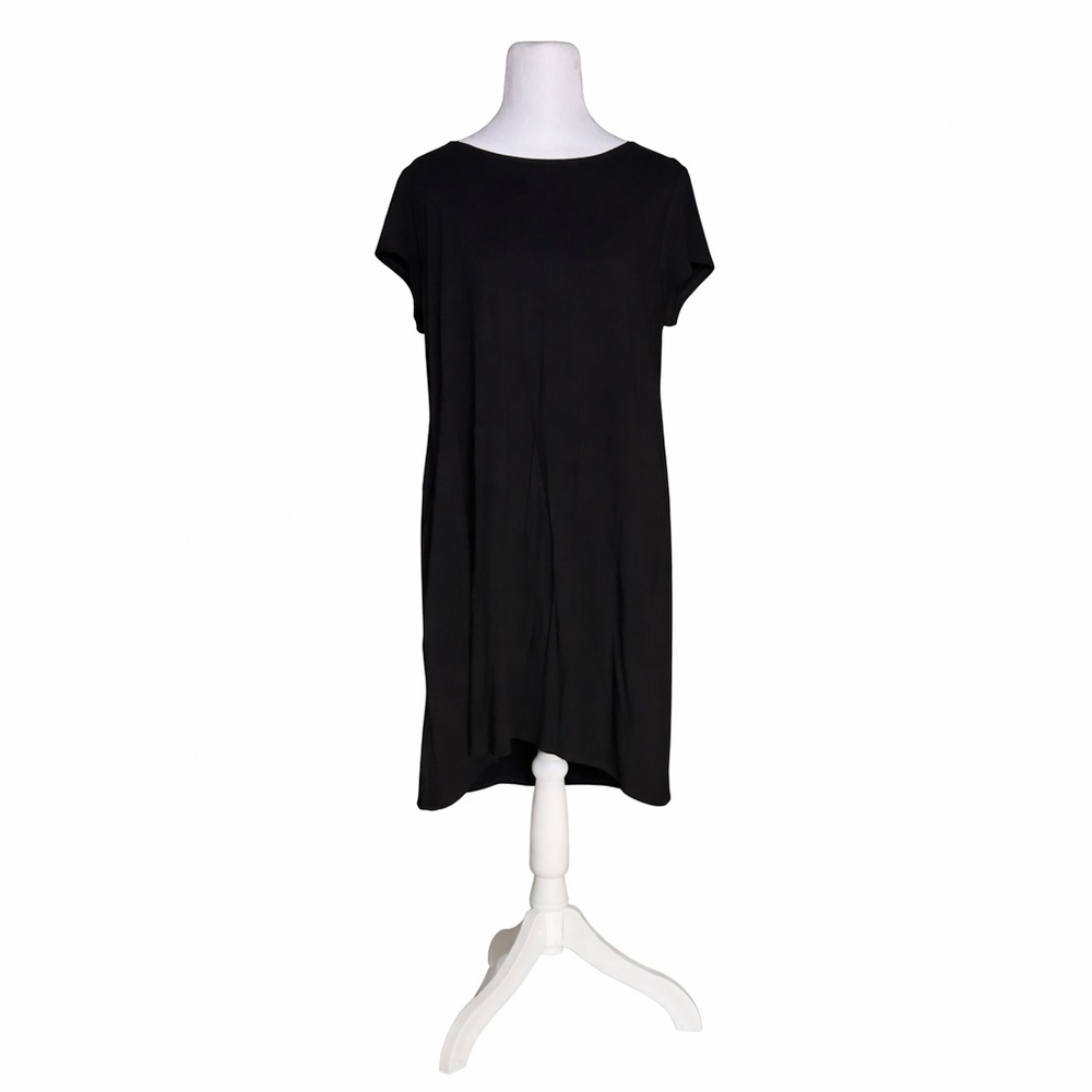 Eileen Fisher Black Short Sleeve Scoop Neck Tiered Dress With Pockets Size Large